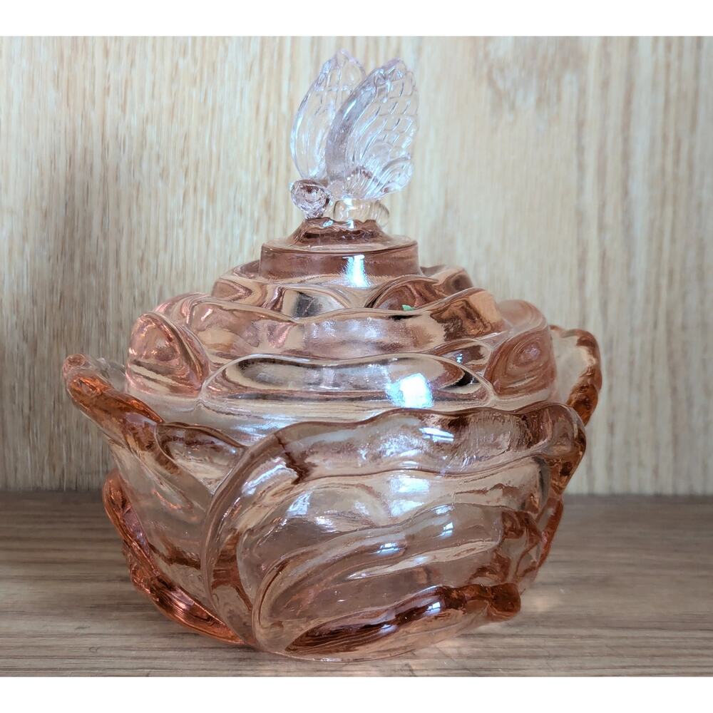 Fenton Dusty Rose Covered Candy / Trinket Dish - Cabbage Rose w/ Butterfly
